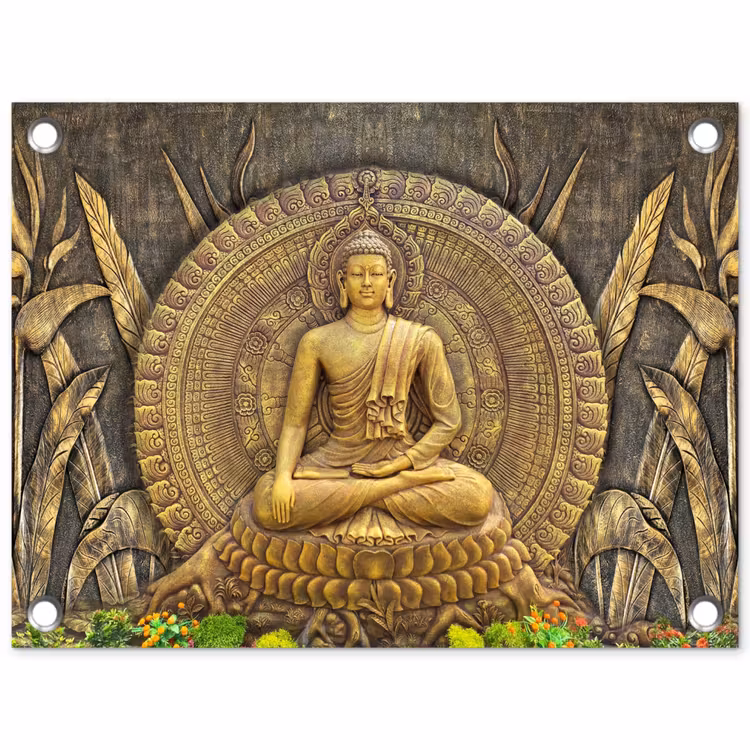 Tuinposter - Goud - Boeddha beeld - Spiritueel - Meditatie — 1