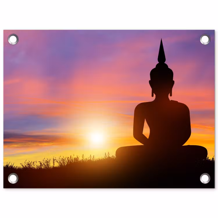 Tuinposter - Zonsondergang - Horizon - Boeddha beeld - Buddha - Silhouette — 1