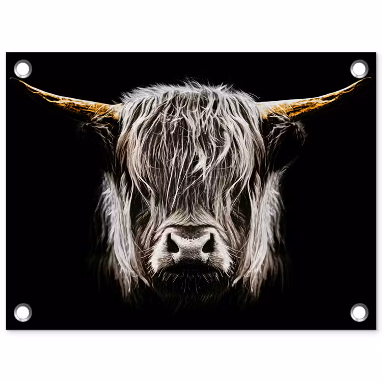 Tuinposter - Schotse hooglander - Goud - Hoorns - Zwart wit - Koe - Dieren