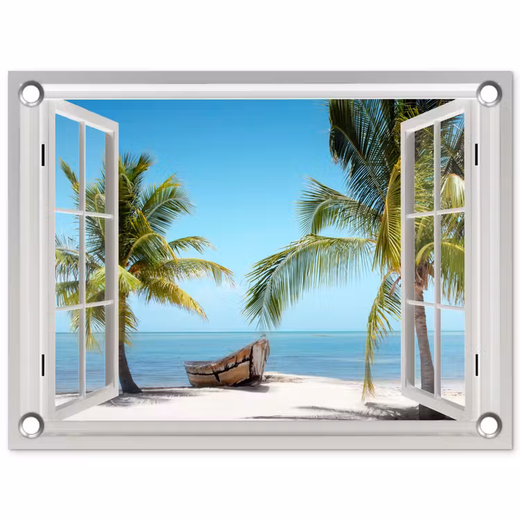 Tuinposter - Doorkijk - Strand - Palmboom - Boot - Tropisch - Zee - Blauw — 1