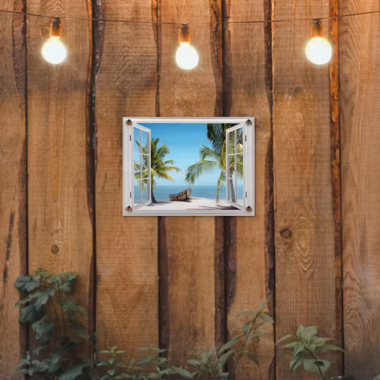 Tuinposter - Doorkijk - Strand - Palmboom - Boot - Tropisch - Zee - Blauw — 2