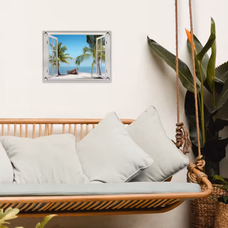 Tuinposter - Doorkijk - Strand - Palmboom - Boot - Tropisch - Zee - Blauw — 5