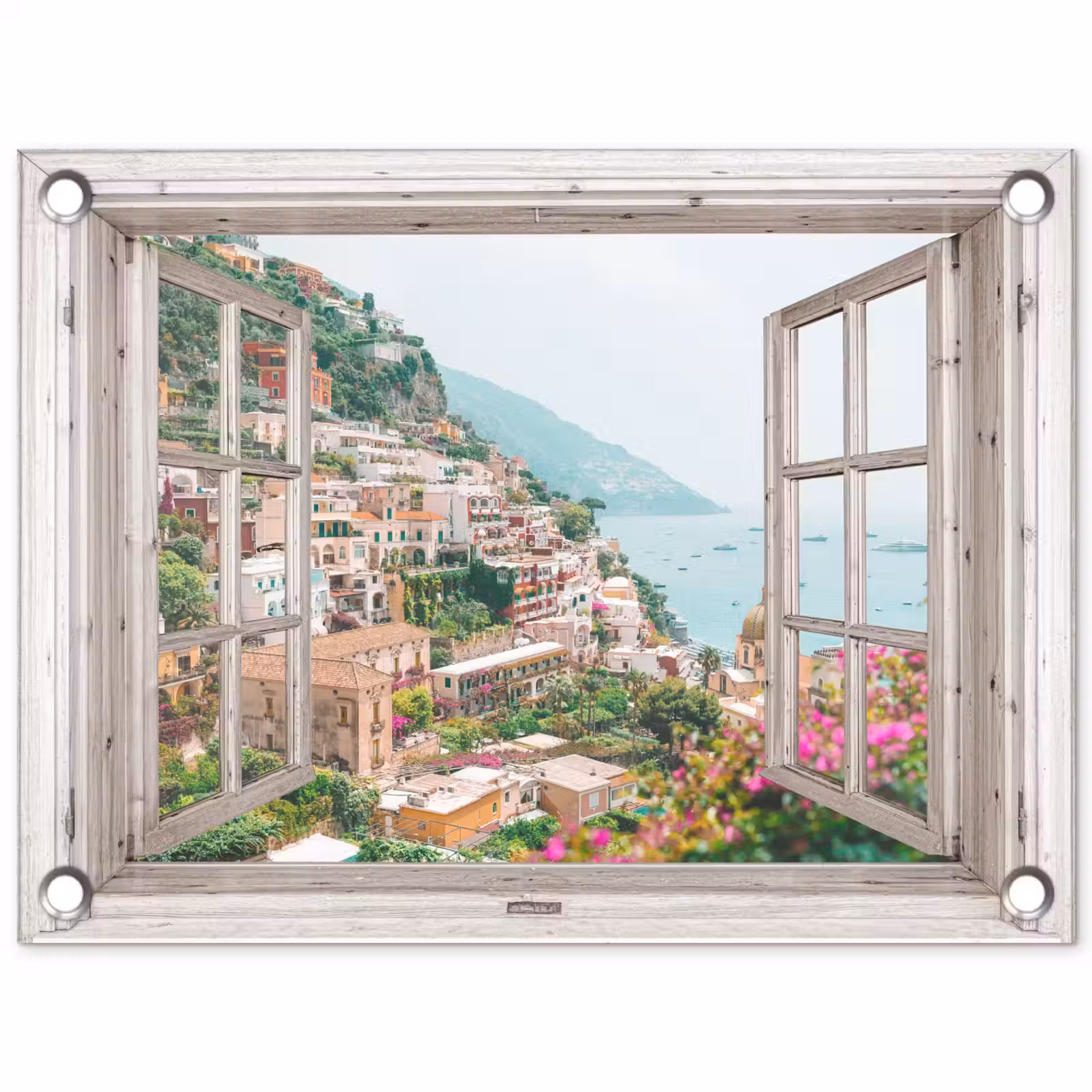 Tuinposter - Doorkijk - Italië - Bloemen - Zee - Kust - Stad - Bergen — 1