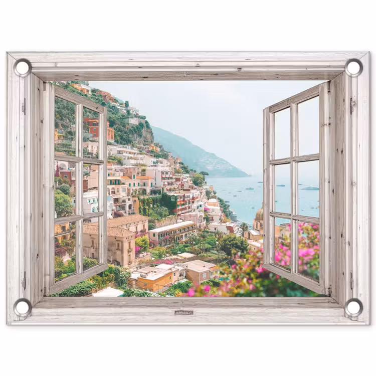 Tuinposter - Doorkijk - Italië - Bloemen - Zee - Kust - Stad - Bergen — 1