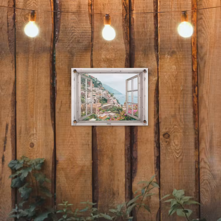 Tuinposter - Doorkijk - Italië - Bloemen - Zee - Kust - Stad - Bergen — 2