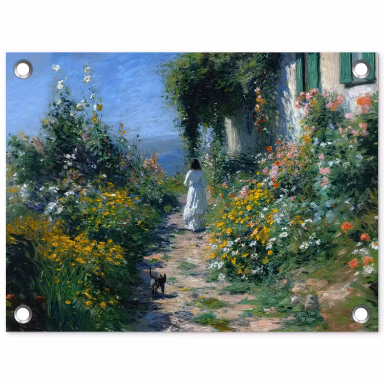 Tuinposter - Kat - Vrouw - Bloemen - Huis — 1
