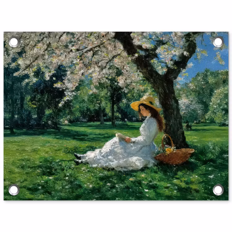 Tuinposter - Vrouw - Boom - Boek - Mandje — 1