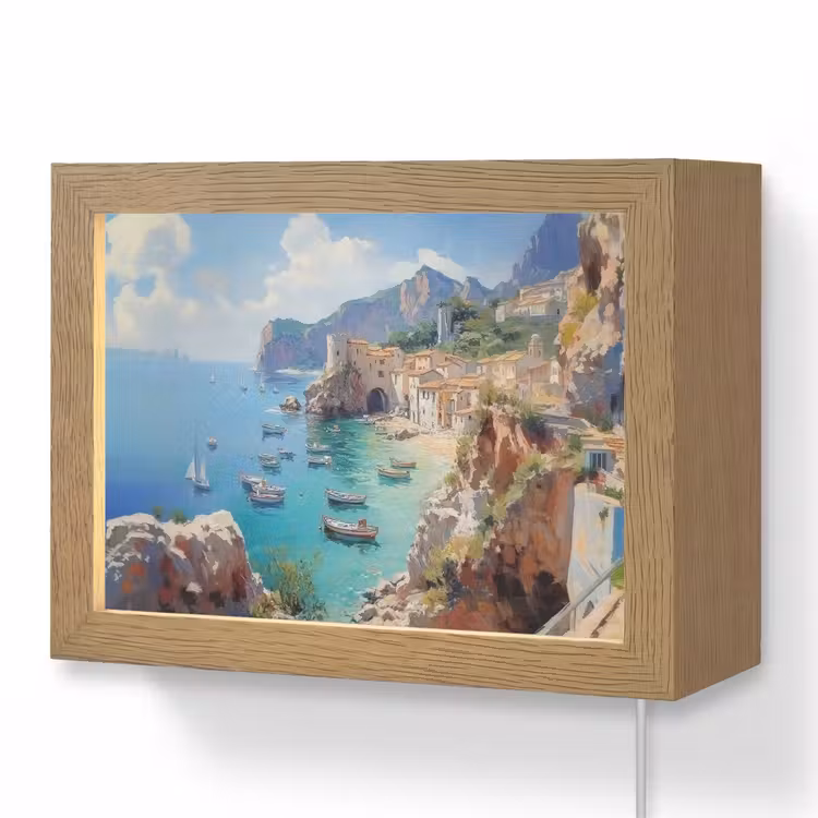 Lightbox - Wandlamp - Kustdorp - Schilderij - Rotsen - Boten — 1