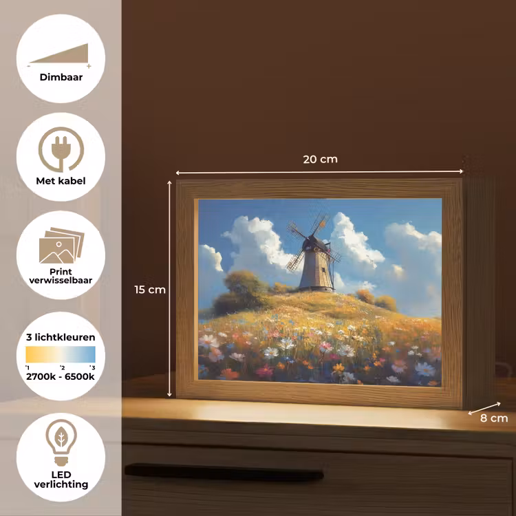 Lightbox - Wandlamp - Windmolen - Heuvel - Bloemen - Kleurrijk — 9
