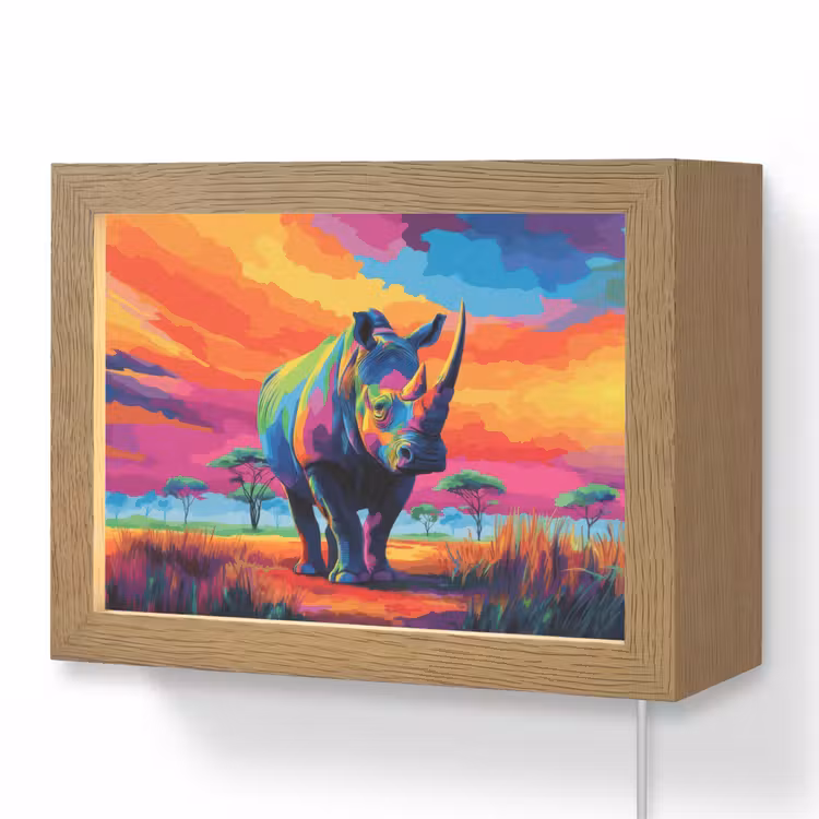Lightbox - Wandlamp - Neushoorn - Zonsondergang - Savanna - Kleurrijk — 1