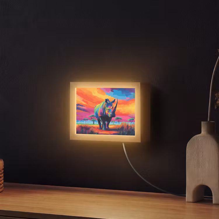 Lightbox - Wandlamp - Neushoorn - Zonsondergang - Savanna - Kleurrijk — 2
