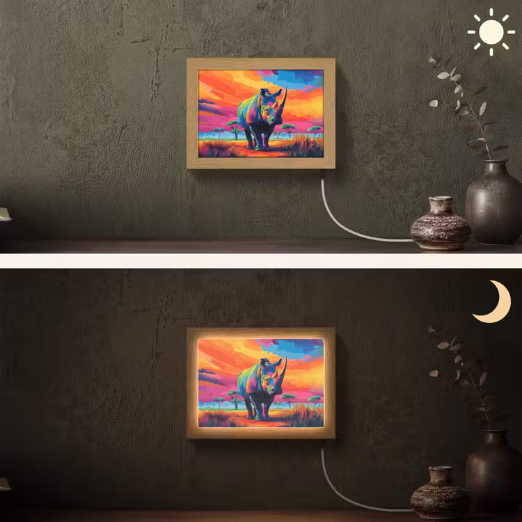 Lightbox - Wandlamp - Neushoorn - Zonsondergang - Savanna - Kleurrijk — 3