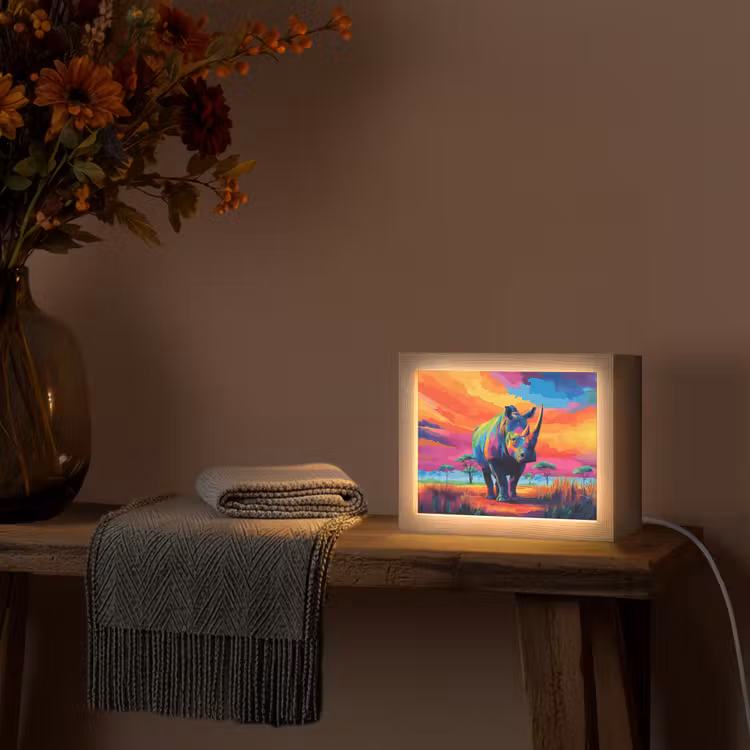 Lightbox - Wandlamp - Neushoorn - Zonsondergang - Savanna - Kleurrijk — 5
