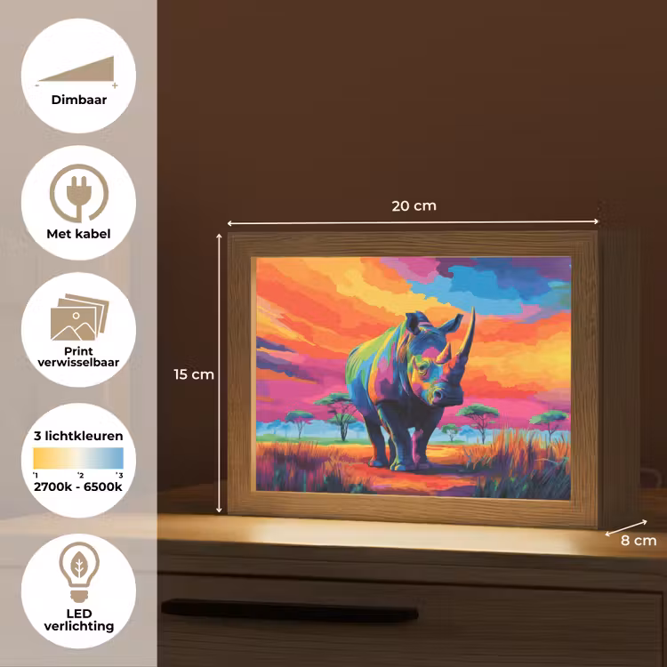 Lightbox - Wandlamp - Neushoorn - Zonsondergang - Savanna - Kleurrijk — 9
