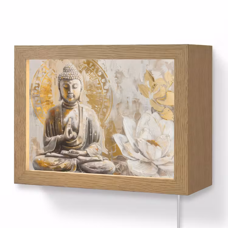 Lightbox - Wandlamp - Boeddha - Bloem - Lotus - Wit - Goud - Zen — 1