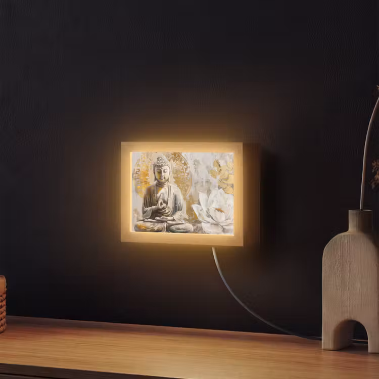 Lightbox - Wandlamp - Boeddha - Bloem - Lotus - Wit - Goud - Zen — 2