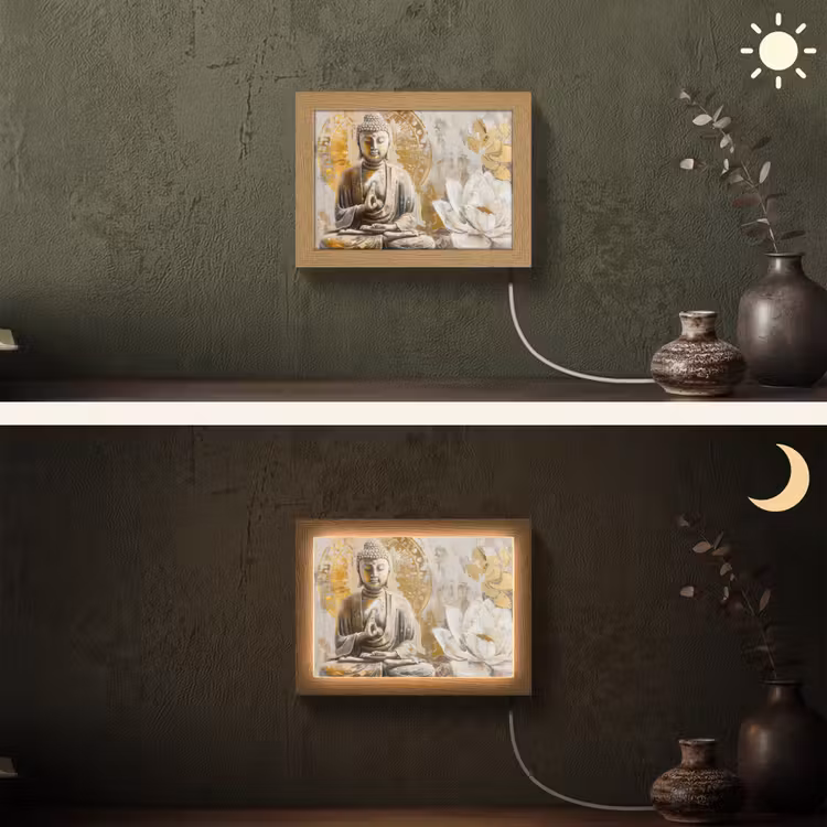 Lightbox - Wandlamp - Boeddha - Bloem - Lotus - Wit - Goud - Zen — 3