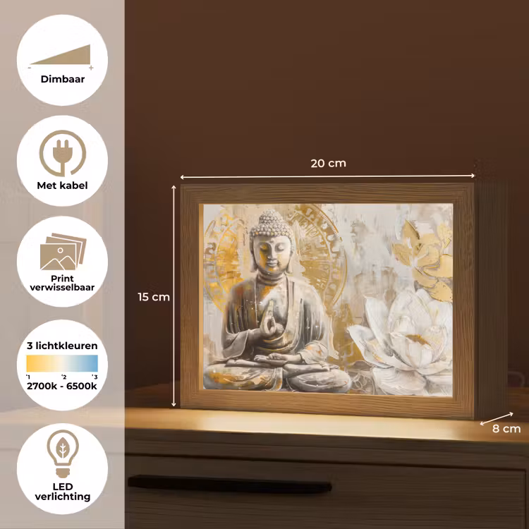 Lightbox - Wandlamp - Boeddha - Bloem - Lotus - Wit - Goud - Zen — 9