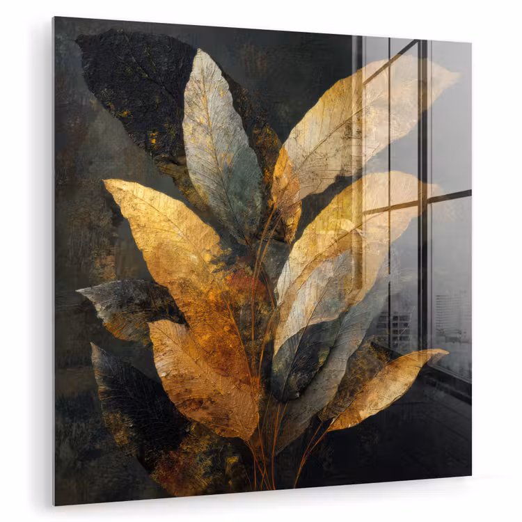 Glas schilderij - Gouden Bladcompositie – Botanische Luxe — 1