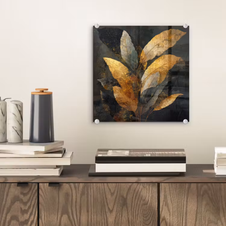 Glas schilderij - Gouden Bladcompositie – Botanische Luxe — 2