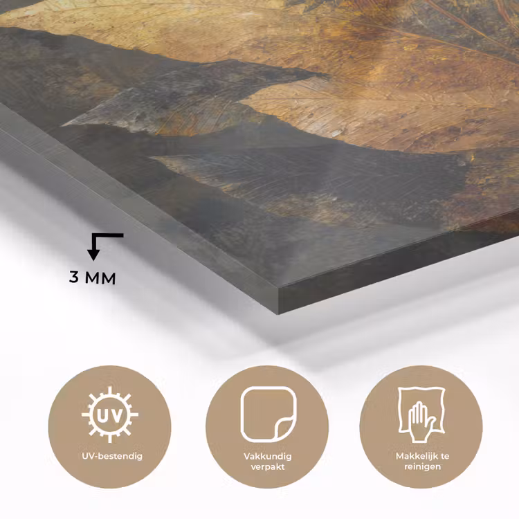 Glas schilderij - Gouden Bladcompositie – Botanische Luxe — 3