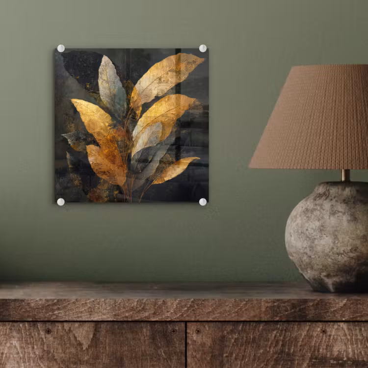 Glas schilderij - Gouden Bladcompositie – Botanische Luxe — 4