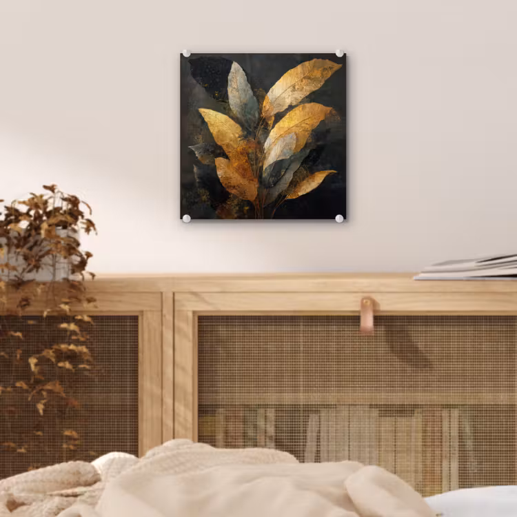 Glas schilderij - Gouden Bladcompositie – Botanische Luxe — 5