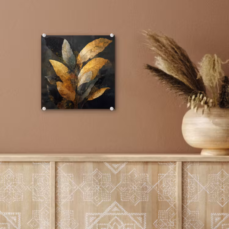 Glas schilderij - Gouden Bladcompositie – Botanische Luxe — 6