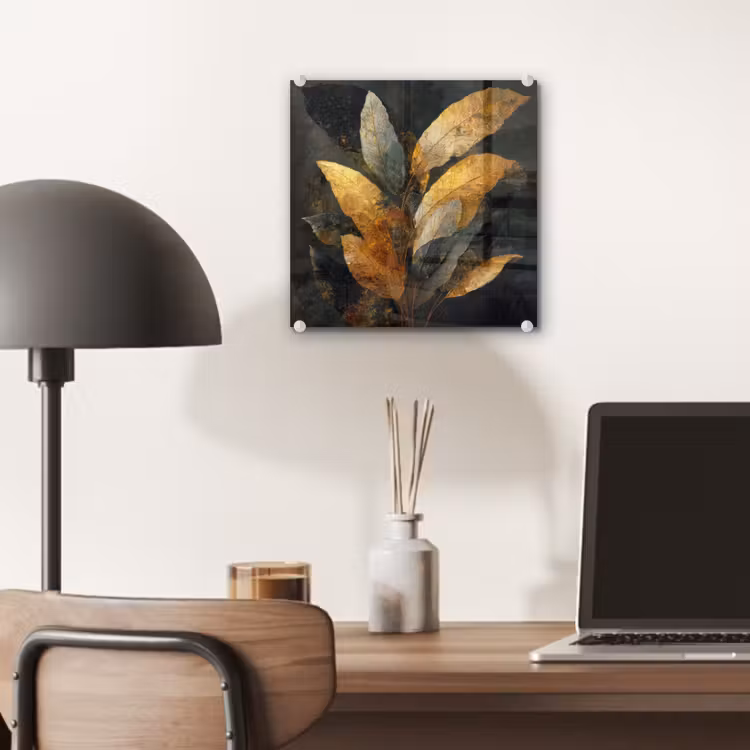 Glas schilderij - Gouden Bladcompositie – Botanische Luxe — 7