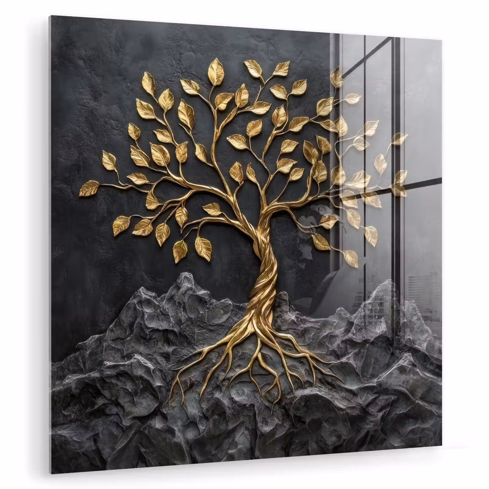 Glas schilderij - Bladeren - Goud - Boom - Rots — 1