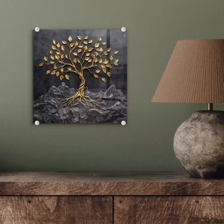 Glas schilderij - Bladeren - Goud - Boom - Rots — 4
