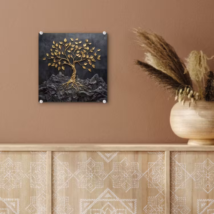 Glas schilderij - Bladeren - Goud - Boom - Rots — 6