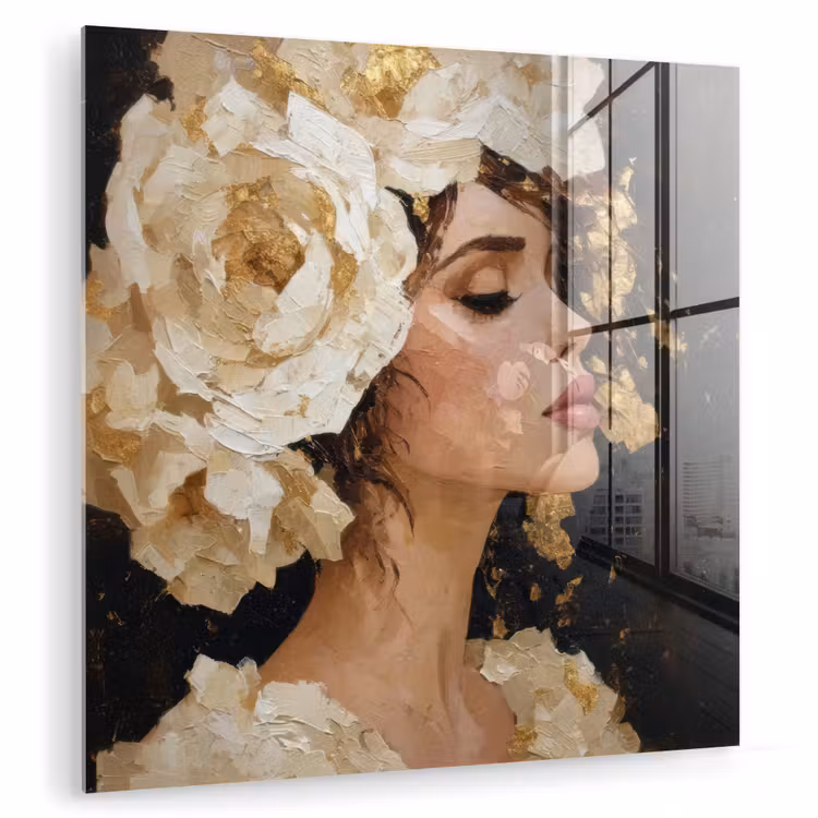 Glas schilderij - Abstract - Vrouw - Bloemen - Wit — 1