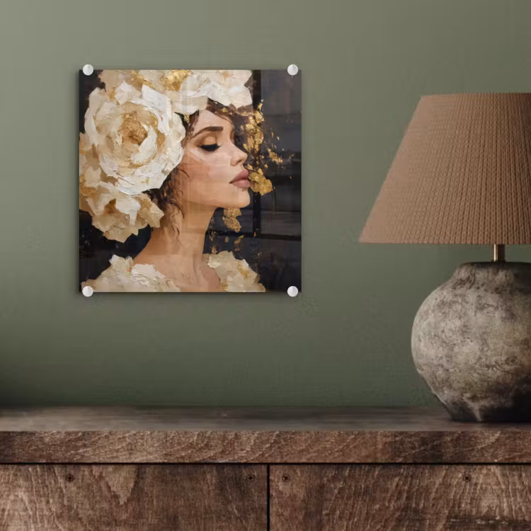 Glas schilderij - Abstract - Vrouw - Bloemen - Wit — 4