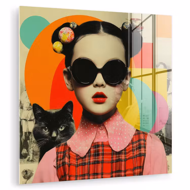 Glas schilderij - Meisje met Zonnebril en Kat Collage