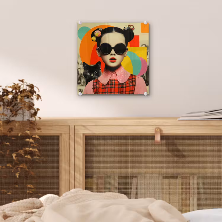 Glas schilderij - Meisje met Zonnebril en Kat Collage — 5