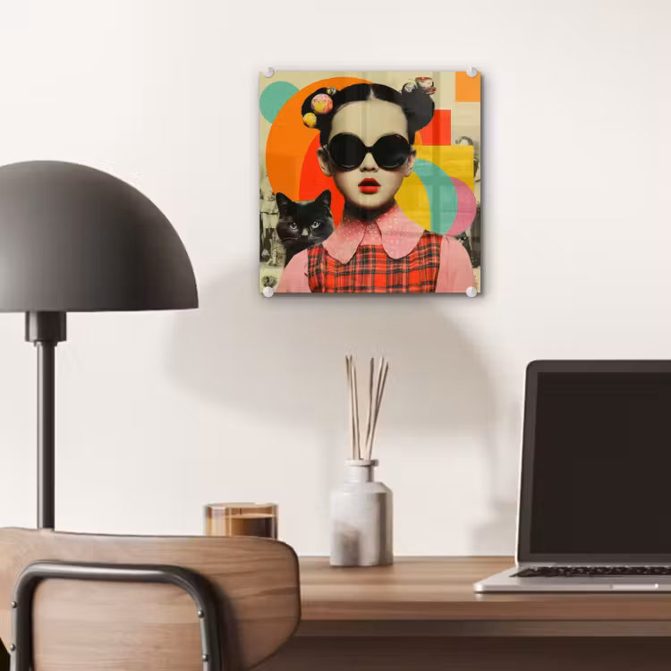 Glas schilderij - Meisje met Zonnebril en Kat Collage — 7