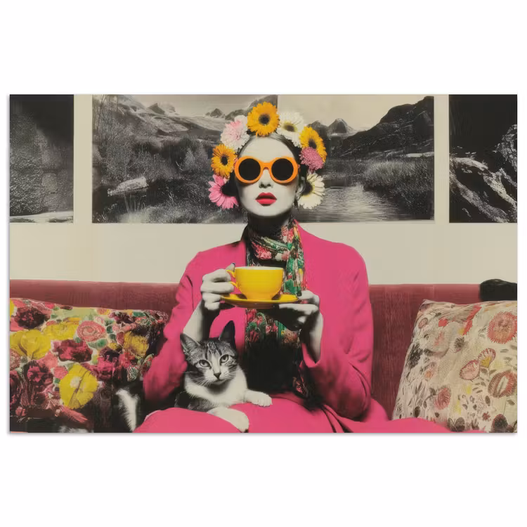 Poster - Vrouw - Kat - Bloemen - Kopje - Retro — 1