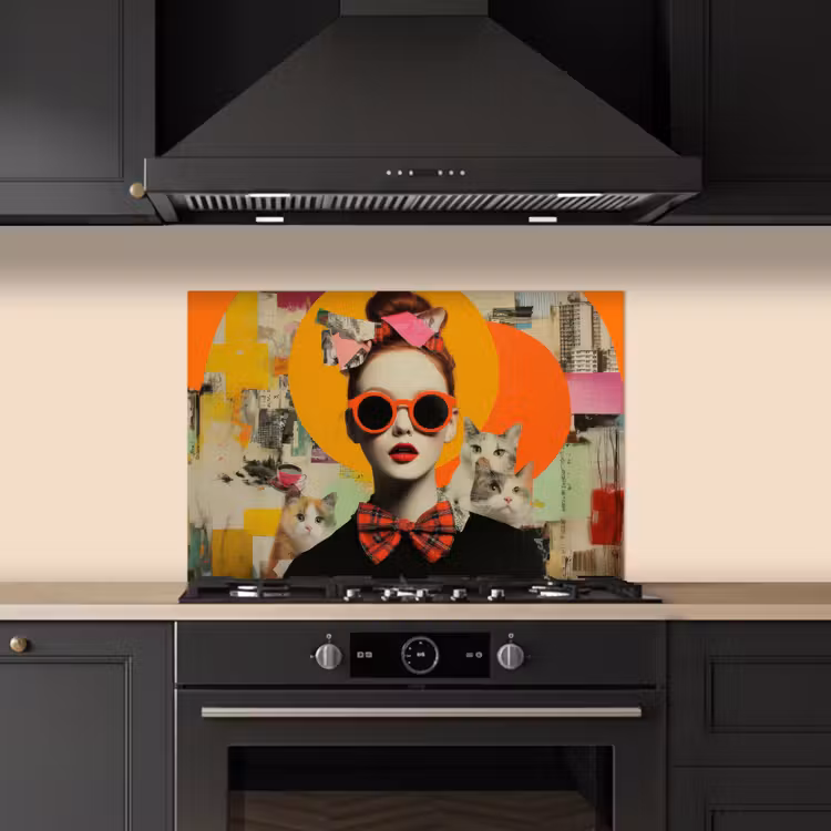 Spatscherm keuken - Vrouw - Bril - Strik - Retro — 2