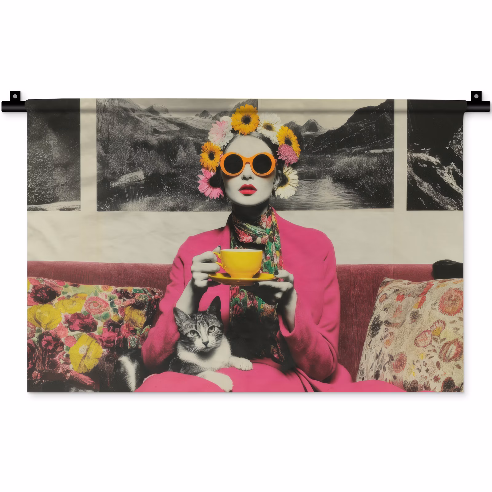 Wandkleed - Vrouw - Kat - Bloemen - Kopje - Retro — 1