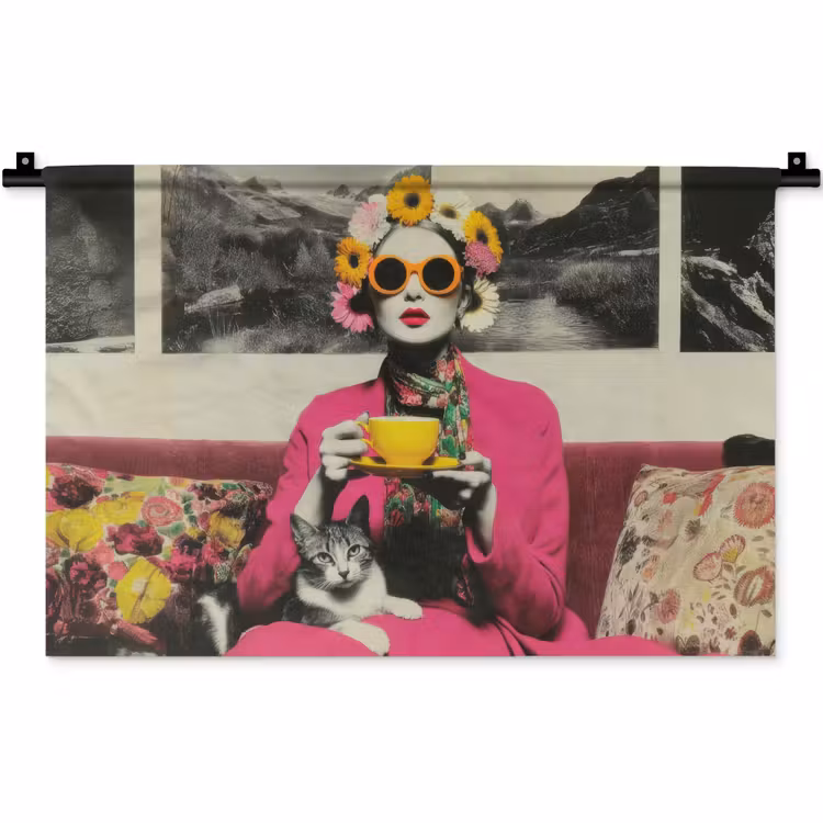 Wandkleed - Vrouw - Kat - Bloemen - Kopje - Retro — 1