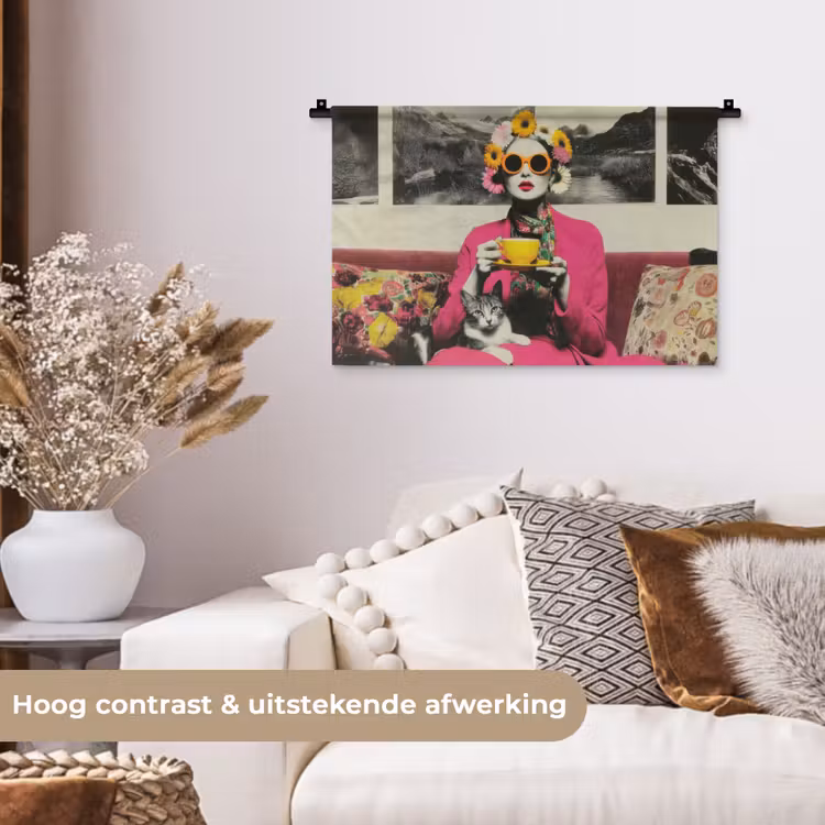 Wandkleed - Vrouw - Kat - Bloemen - Kopje - Retro — 4