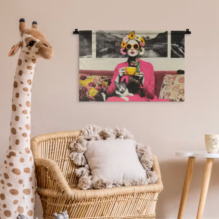 Wandkleed - Vrouw - Kat - Bloemen - Kopje - Retro — 5