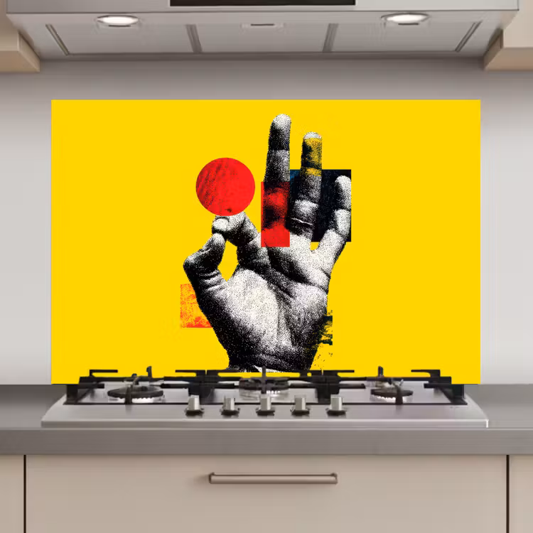 Spatscherm keuken - Hand - Rode cirkel - Geel — 1