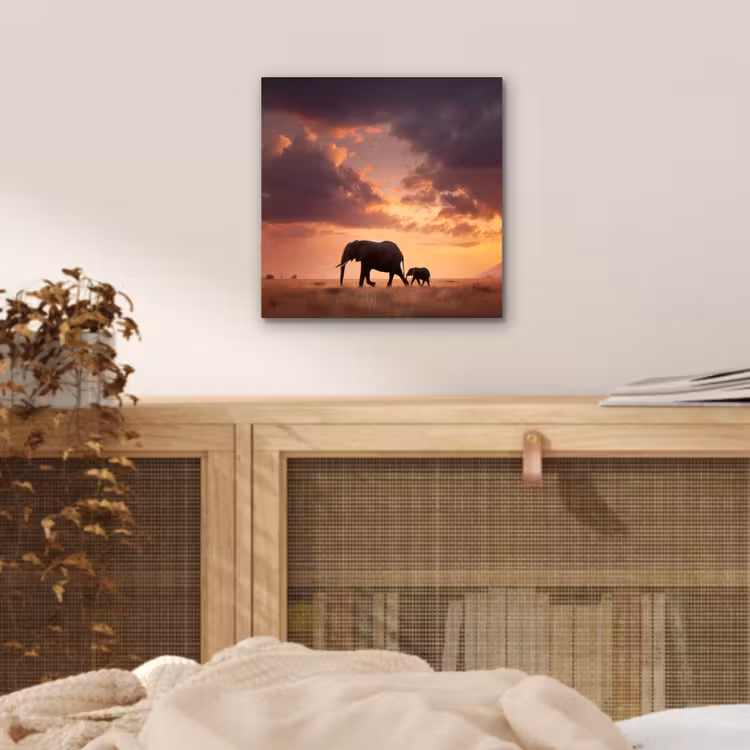 Aluminium schilderij - Olifanten - Grasland - Zonsondergang — 4