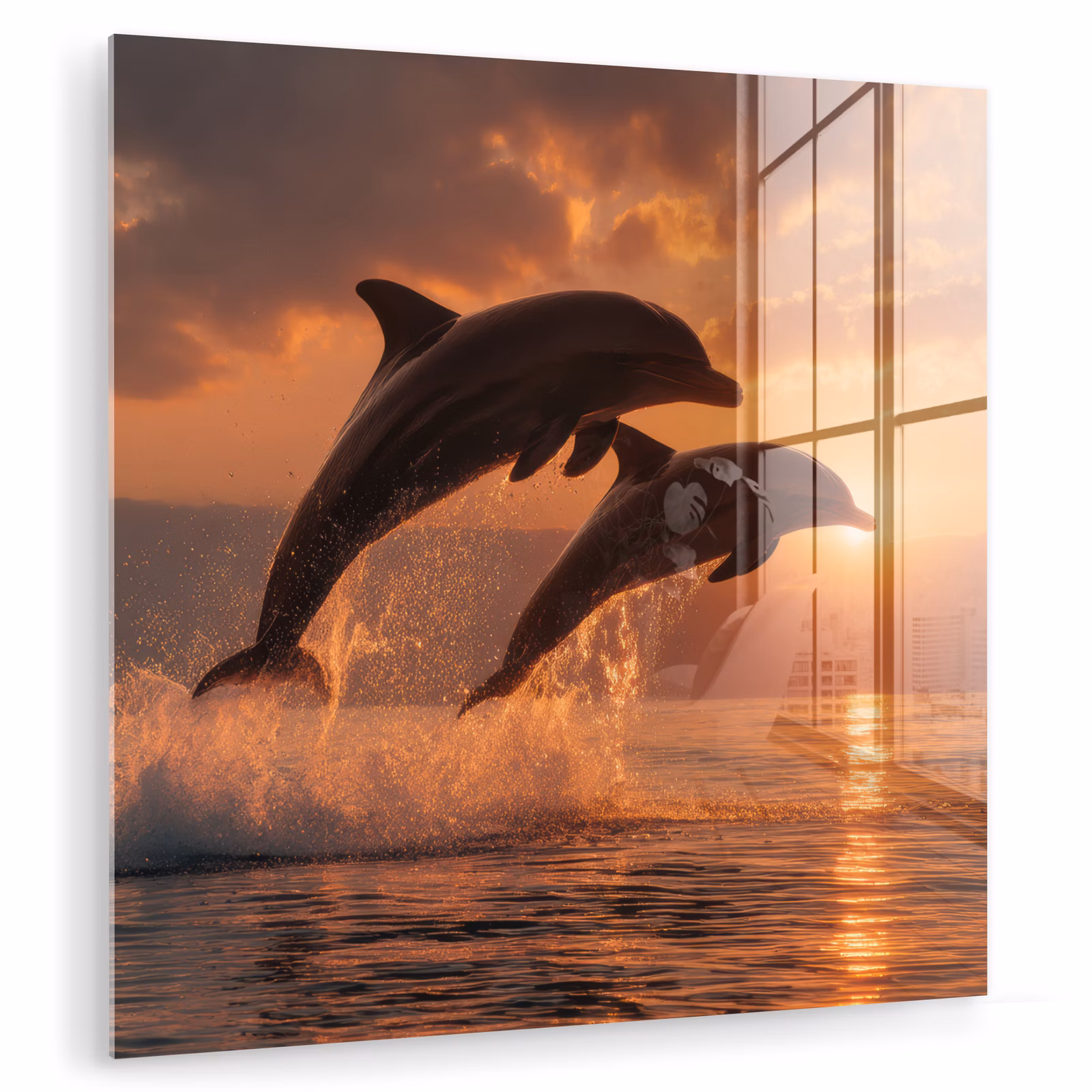 Glas schilderij - Springende Dolfijnen Zonsondergang — 1