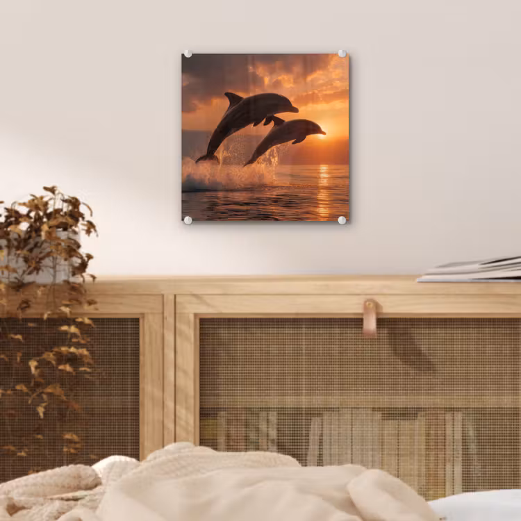 Glas schilderij - Springende Dolfijnen Zonsondergang — 5