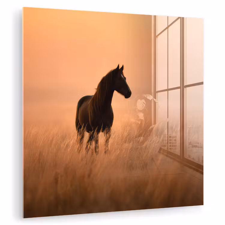 Glas schilderij - Paard in Grasveld Zonsopgang Oranje