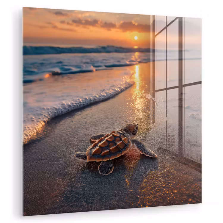 Glas schilderij - Babyschildpad op Strand Zonsondergang