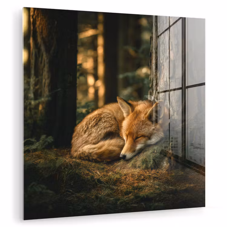 Glas schilderij - Slapende Vos in Bos
